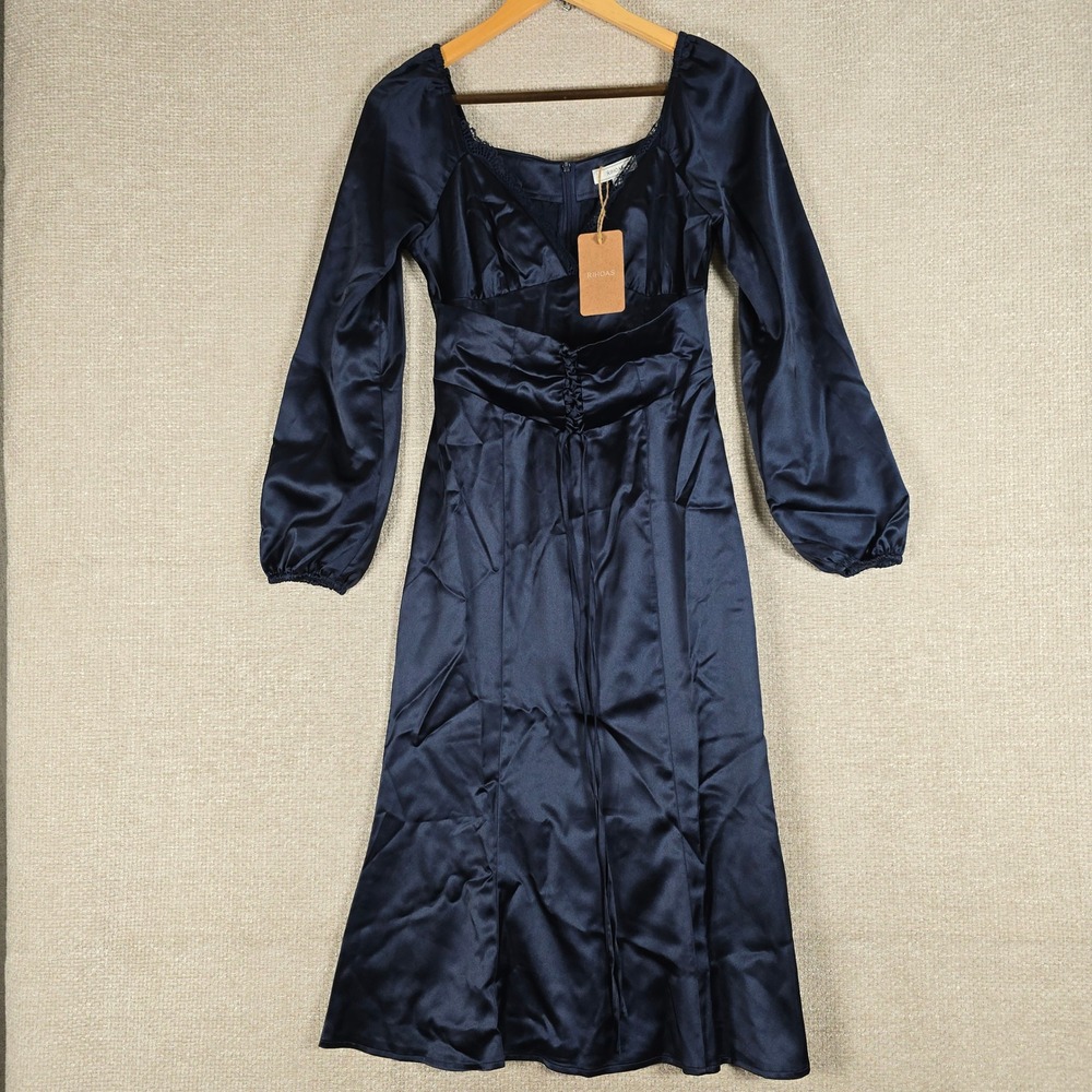 RIHOAS Navy Blue Satin Lace Trim Corset Waist Long Sleeve Midi Dress Small NWT
